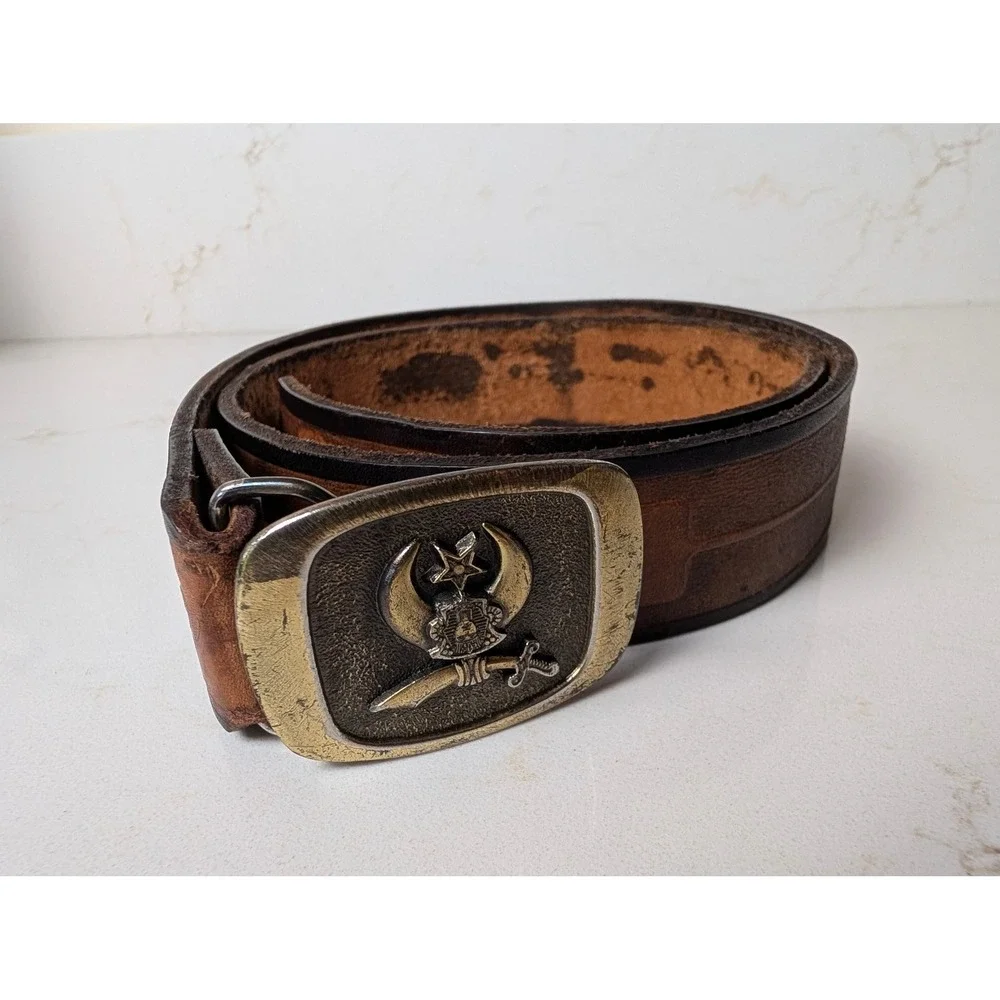 Vintage 1983 Shriners Masonic Belt Buckle MM Limited Chicago Serial 1308 Leather